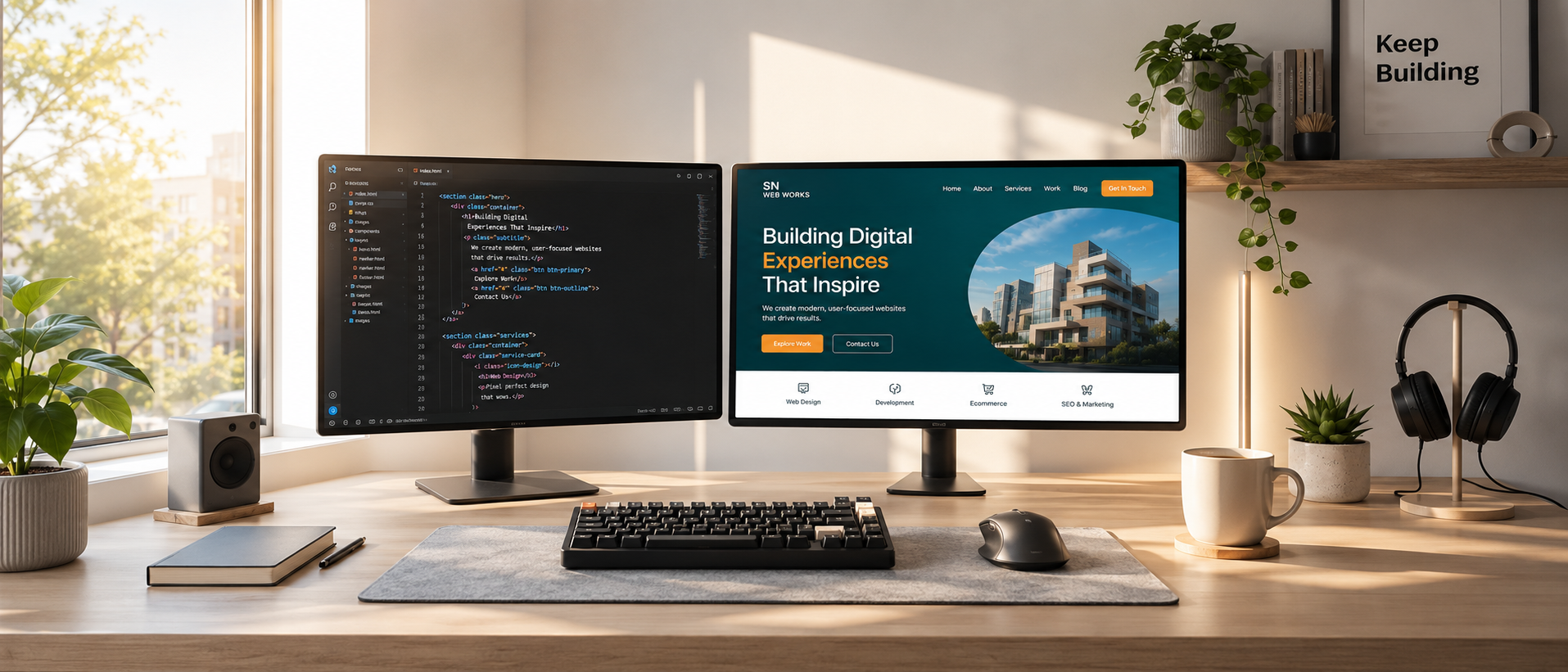 Ultra-wide bright minimalist designer desk by a sunny window, dual monitors showing a code editor and a website layout, mechanical keyboard, a small potted plant and coffee cup, warm morning light, calm and professional
