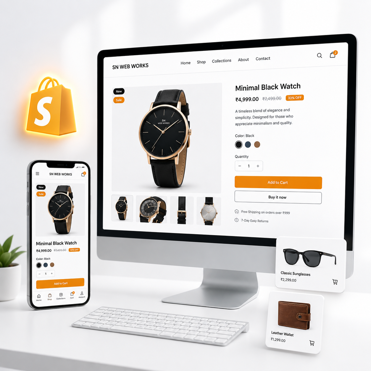 Shopify-style product page on a desktop screen beside a matching phone, a floating 3D shopping-bag icon glowing saffron, small product cards, bright white studio backdrop