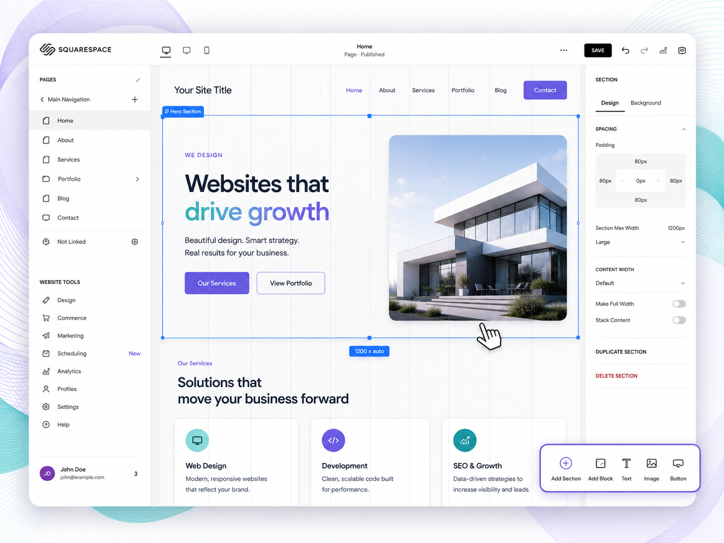 Designer squarespace canvas with visible layout grid lines and drag handles, a cursor moving a section block, smooth pale gradient waves behind, teal-violet accents on white