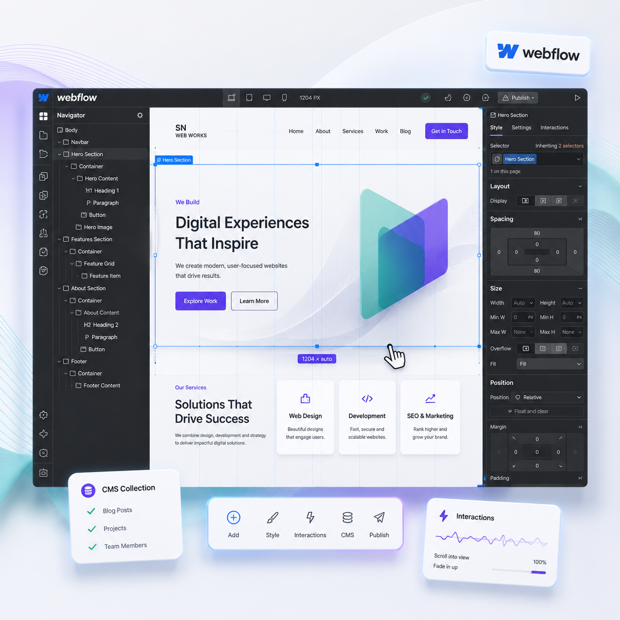 Designer webflow canvas with visible layout grid lines and drag handles, a cursor moving a section block, smooth pale gradient waves behind, teal-violet accents on white