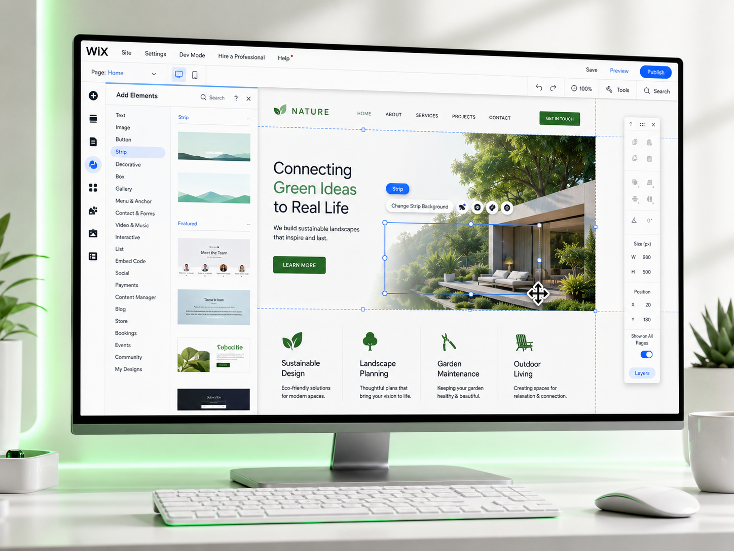 Widescreen monitor showing a colourful drag-and-drop wix website editor, section blocks being arranged, green accent glow, bright clean workspace