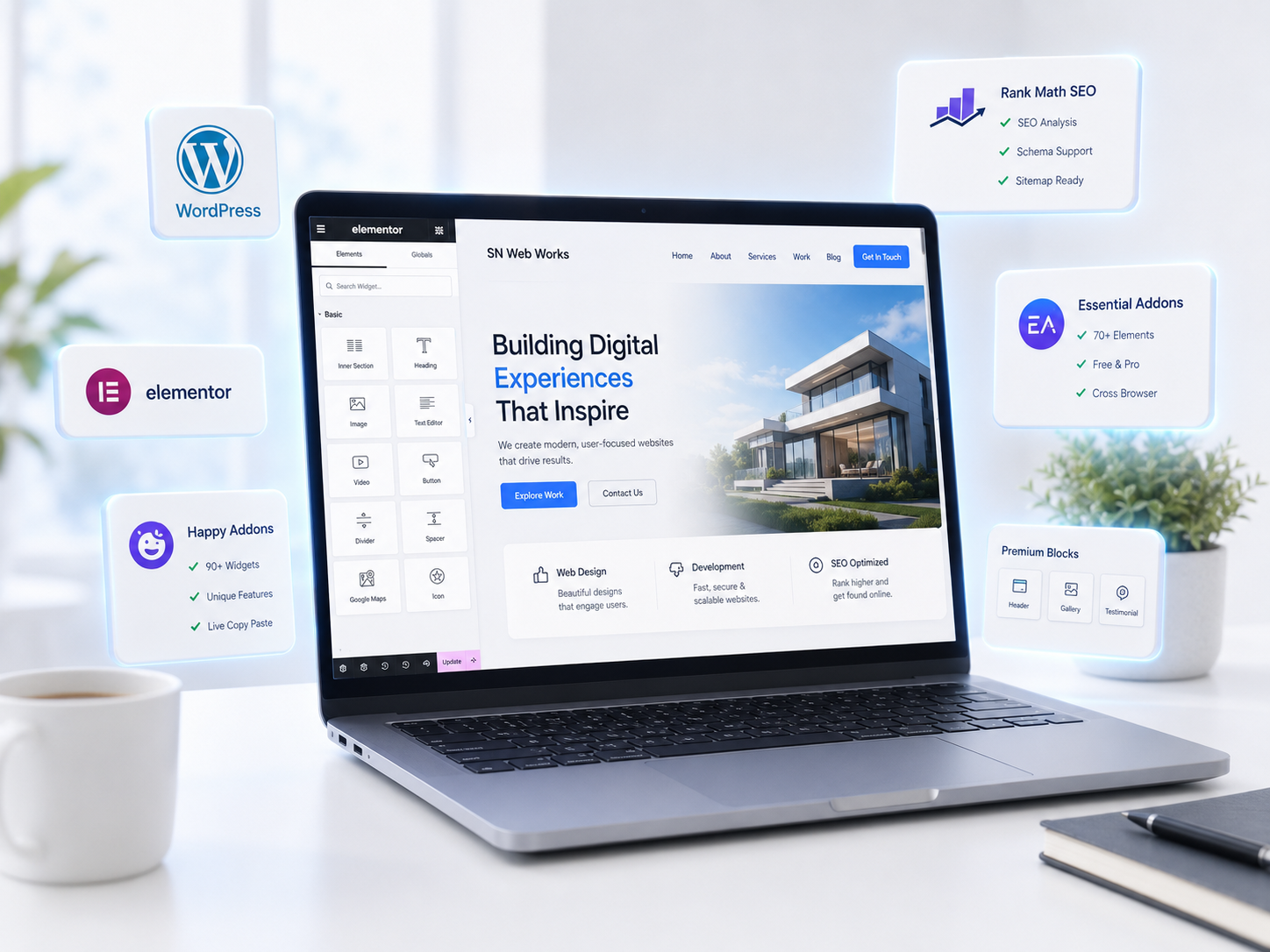 Laptop on a clean white desk displaying a WordPress + Elementor editing screen, plugin and block cards floating around it as soft 3D elements, pale blue accent glow, bright airy scene